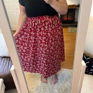 Red Floral MIDI Skirt